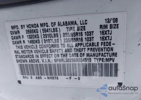 2009 Honda Odyssey Lx from USA, damaged, VIN 5FNRL38259B034519